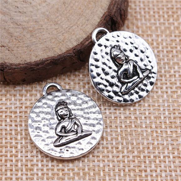 WYSIWYG 10pcs 22x20mm Round Double-Sided Sitting Buddha Charms Antique Silver Color Jewelry Findings For Jewelry Making