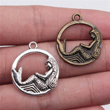 WYSIWYG 10pcs 23mm Pendant Mermaid Round Mermaid Charm Pendants For Jewelry Making Antique Silver Color Mermaid Pendants
