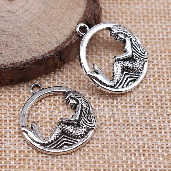 WYSIWYG 10pcs 23mm Pendant Mermaid Round Mermaid Charm Pendants For Jewelry Making Antique Silver Color Mermaid Pendants