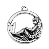 WYSIWYG 10pcs 23mm Pendant Mermaid Round Mermaid Charm Pendants For Jewelry Making Antique Silver Color Mermaid Pendants