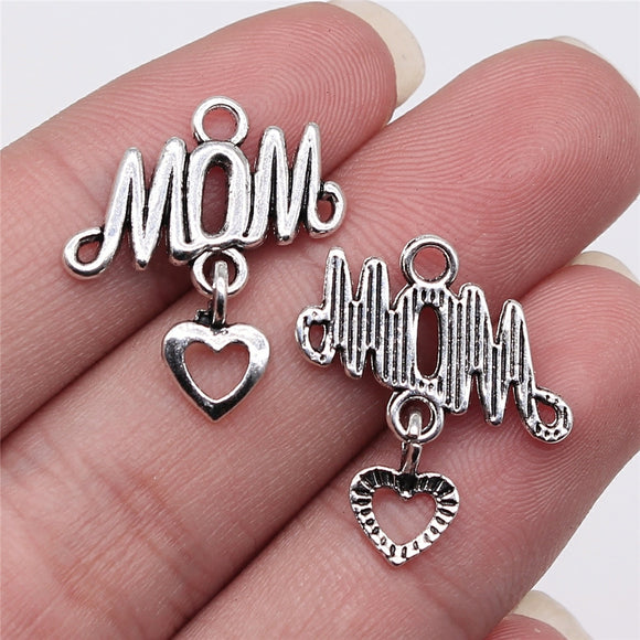 WYSIWYG 10pcs 24x20mm Antique Silver Color Mom Heart Charms Pendant For Jewelry Making DIY Jewelry Findings