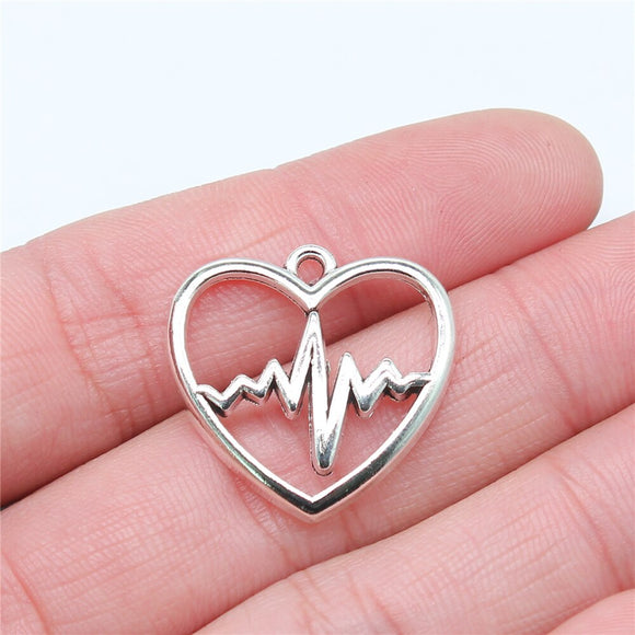 WYSIWYG 10pcs 25x25mm Heart ECG Charms Pendant Antique Silver Color For Jewelry Making Zinc Alloy Jewelry Findings