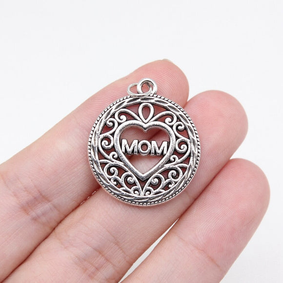 WYSIWYG 10pcs 26x22mm Antique Silver Color Lace Heart Mom Charms For Jewelry Making