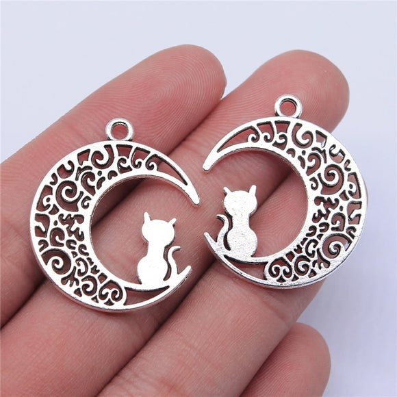 WYSIWYG 10pcs 30x26mm Antique Silver Color Moon Cat Charms Pendant For Jewelry Making DIY Jewelry Findings
