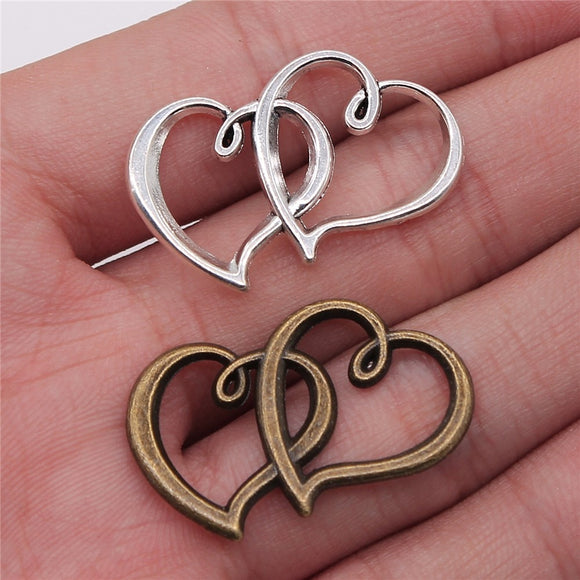 WYSIWYG 10pcs 32x25mm Antique Silver Color Antique Bronze Double Heart Charm Hearts Charms Double Double Heart Charm Connector