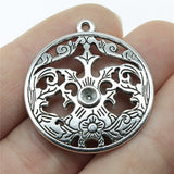 WYSIWYG 10pcs 34x30mm Carved Round Hollow Flower Pattern Charms Antique Silver Color Jewelry Findings For Jewelry Making