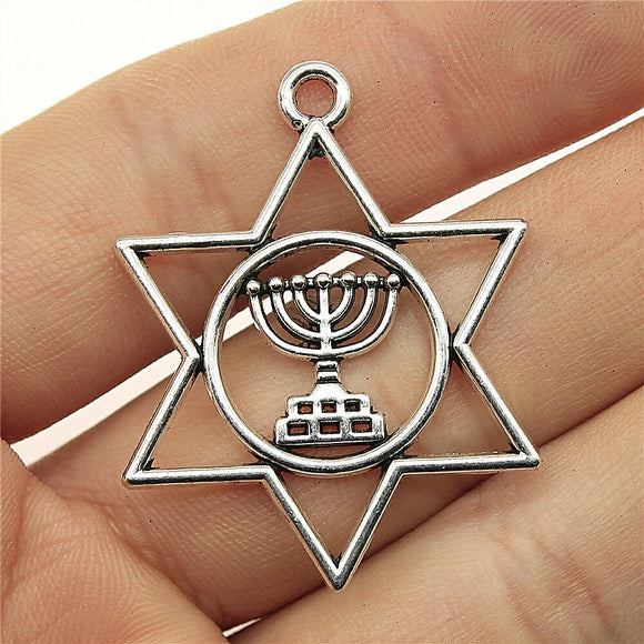 WYSIWYG 10pcs 39x32mm Judaism Menorah Star Of David Charms For Jewelry Making Antique Silver Color Charms Jewelry Accessories