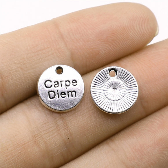 WYSIWYG 10pcs Antique Silver Color Tone 12x12mm Round Carpe Diem Tag Charms Pendant For Jewelry Making DIY Jewelry Findings