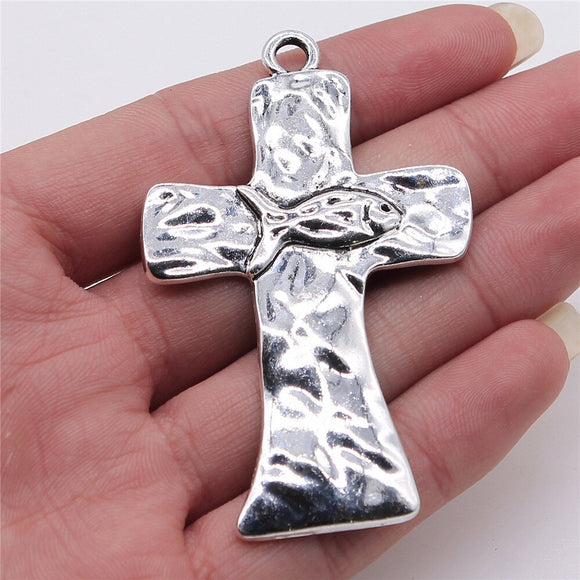 1pcs 43x69mm Antique Silver Color Jesus Fish Cross Charms Pendant For DIY Jewelry Making ef4304
