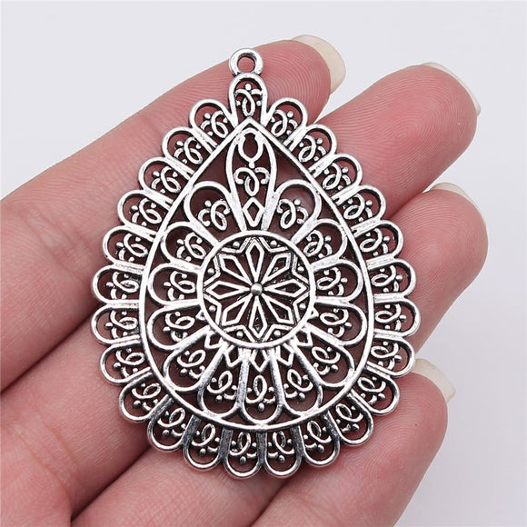 WYSIWYG 1pcs 59x44mm Antique Silver Color Hollow Flower-Shaped Water Drop Charms Pendant For Jewelry Making
