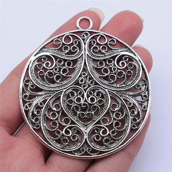 WYSIWYG 1pcs 60x60mm Antique Silver Color Round Hollow Flower Charms Pendant For Jewelry Making DIY Jewelry Findings