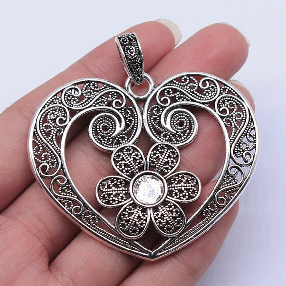 WYSIWYG 1pcs 61x53mm Antique Silver Color Flower Heart Charms Pendant For Jewelry Making DIY Jewelry Findings