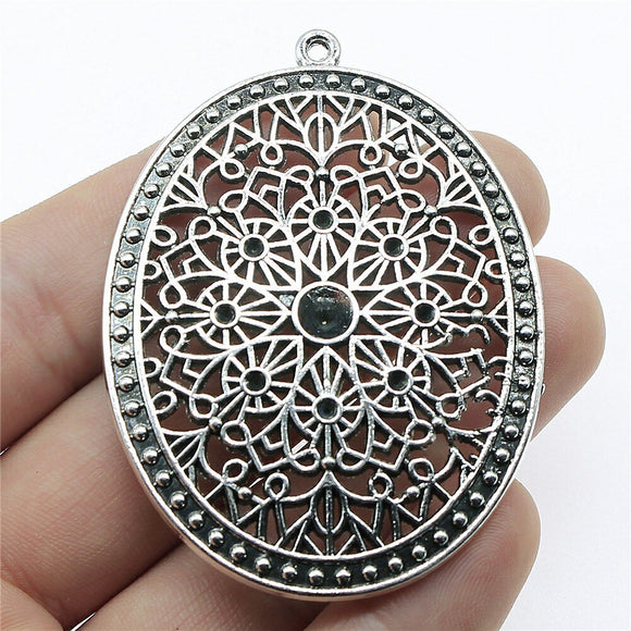 WYSIWYG 1pcs 64x46mm Big Oval Carved Filigree Charm Pendant Antique Silver Color Pendants Oval Flower Charm Pendant