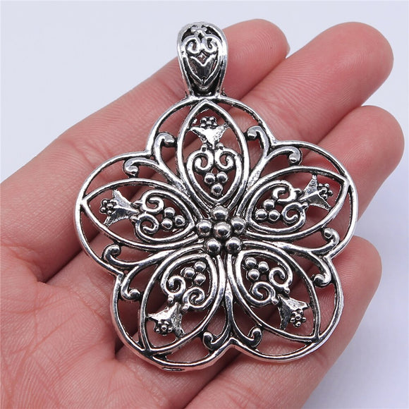 WYSIWYG 1pcs 67x53mm Flower Charm Pendants Antique Silver Color Flower Pendants Charm Big Flower Charm For Jewelry Making