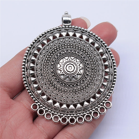 WYSIWYG 1pcs 74x60mm Antique Silver Color Carved Round Necklace Connector Charms Pendant For DIY Jewelry Findings
