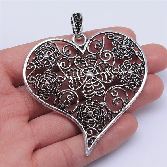WYSIWYG 1pcs 74x63mm Filigree Big Carved Heart Pendant Charm For Jewelry Making Necklace Making