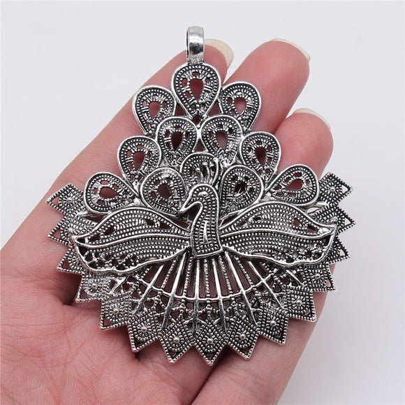 WYSIWYG 1pcs 78x70mm Antique Silver Color Big Peacock Charms Pendant For Jewelry Making DIY Jewelry Findings