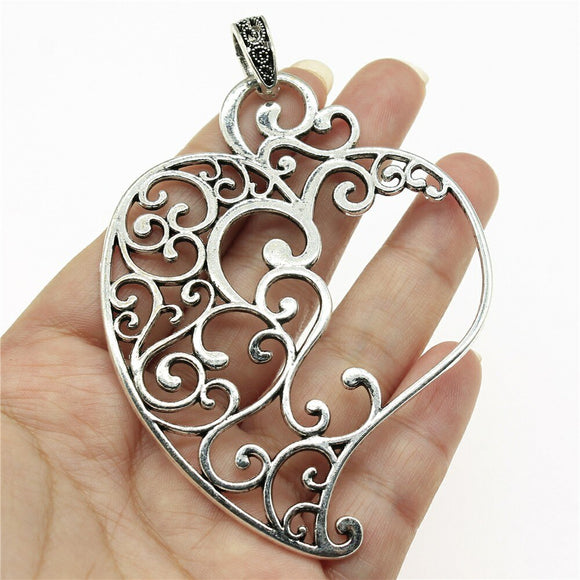 WYSIWYG 1pcs 90x61mm Carved Heart Charms For Jewelry Making Antique Silver Color Charm Pendant Jewelry Accessories