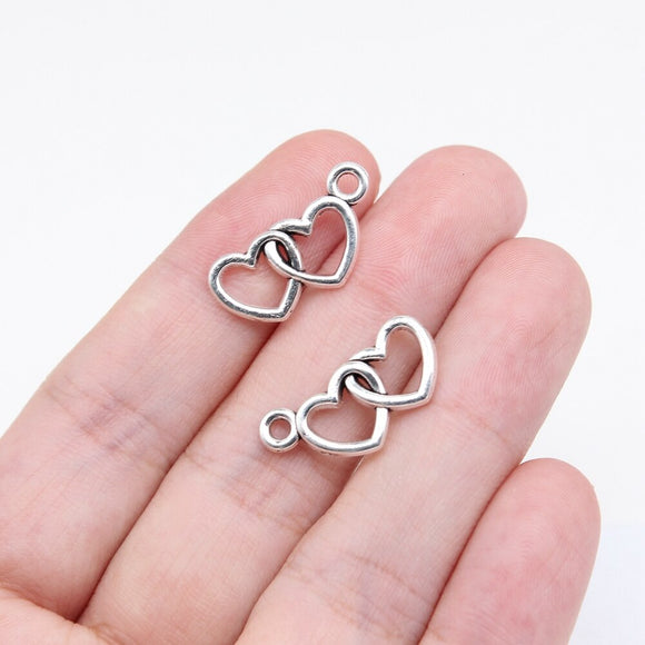 WYSIWYG 20pcs 11x21mm Antique Silver Color Heart To Heart Charms For Jewelry Making