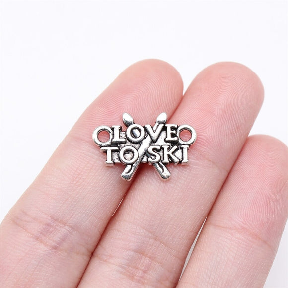 WYSIWYG 20pcs 13x19mm Antique Silver Color I Love Skiing Love To Ski Connectors For Jewelry Making
