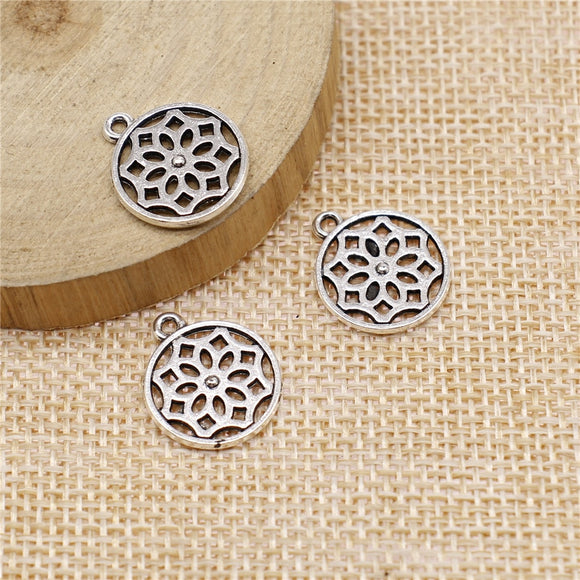 WYSIWYG 20pcs 15mm Round Flower Charms Antique Silver Color Charms For Jewelry Making Jewelry Findings