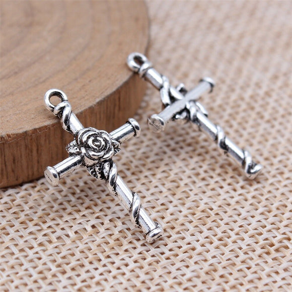 WYSIWYG 20pcs 15x26mm Antique Silver Color Flower Cross Charms Pendant For DIY Jewelry Making Handmade Jewelry Craft Findings