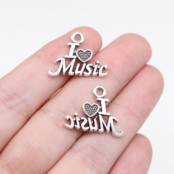 WYSIWYG 20pcs 16x20mm Antique Silver Color I Love Music Plaque Charms For Jewelry Making