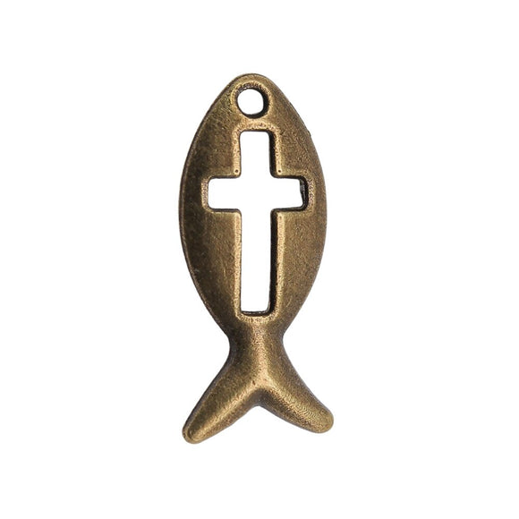 WYSIWYG 20pcs 2 Colors Antique Silver Color Antique Bronze Tone 20x9mm Jesus Cross Fish Charms Pendant Jewelry Findings