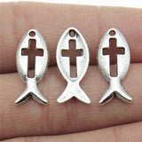 WYSIWYG 20pcs 2 Colors Antique Silver Color Antique Bronze Tone 20x9mm Jesus Cross Fish Charms Pendant Jewelry Findings