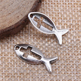 WYSIWYG 20pcs 2 Colors Antique Silver Color Antique Bronze Tone 20x9mm Jesus Cross Fish Charms Pendant Jewelry Findings