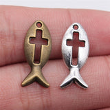 WYSIWYG 20pcs 2 Colors Antique Silver Color Antique Bronze Tone 20x9mm Jesus Cross Fish Charms Pendant Jewelry Findings