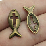 WYSIWYG 20pcs 2 Colors Antique Silver Color Antique Bronze Tone 20x9mm Jesus Cross Fish Charms Pendant Jewelry Findings