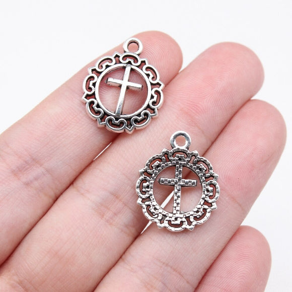 WYSIWYG 20pcs 20x16mm Antique Silver Color Lace Cross Charms For Jewelry Making