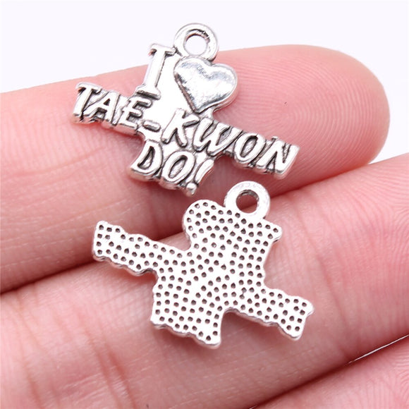 WYSIWYG 20pcs 22x17mm Charms I Love Tae-Kwon-Do Charms For Jewelry Making DIY Antique Silver Color Alloy Charms