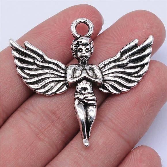 WYSIWYG 2pcs 41x44mm Angel With Wings Pendant Charms Antique Silver Color For Jewelry Making Zinc Alloy Jewelry Findings