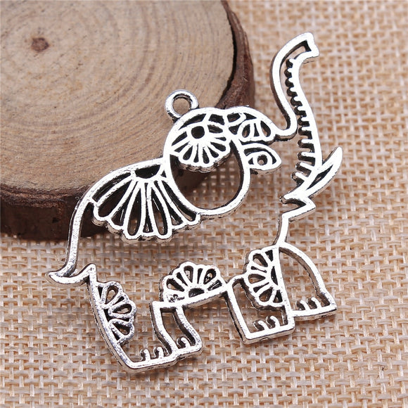 WYSIWYG 2pcs 41x50mm Charms Filigree Hollow Elephant Antique Silver Color Plated Pendants Making DIY Handmade Finding Jewelry
