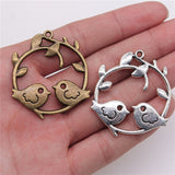 WYSIWYG 2pcs 42x39mm 2 Colors Antique Silver Color Antique Bronze Plated Love Birds Pendant Bird On Branche Charm Lovebird Charm