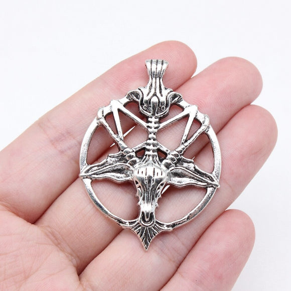 WYSIWYG 2pcs 46x34mm Antique Silver Color Devil Satan Goat Head Inverted Pentagram Skull Charms For Jewelry Making