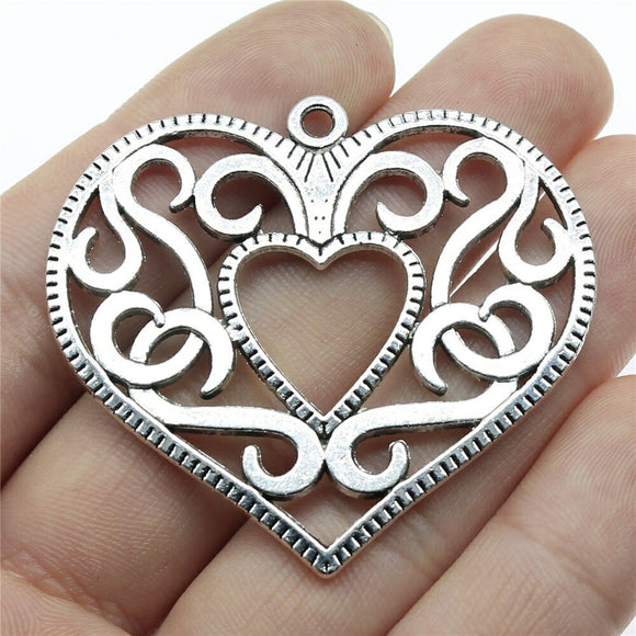 WYSIWYG 2pcs 50x45mm Hollow Heart Charms Antique Silver Color Pendant Charms Jewelry Findings For Jewelry Making