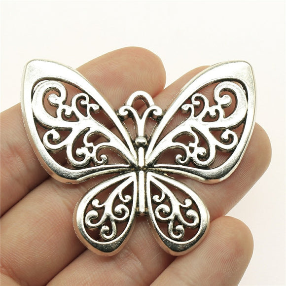 WYSIWYG 2pcs Charms Hollow Butterfly 50x57mm Antique Pendant Fit Vintage Tibetan Bronze Silver Color DIY Handmade Jewelry EF3792