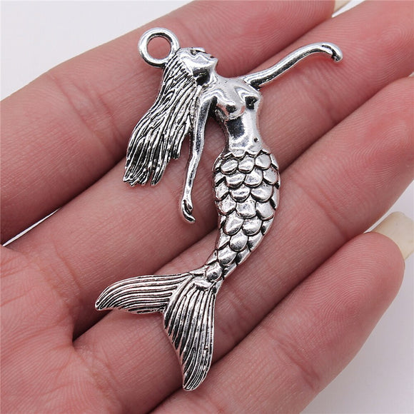 WYSIWYG 2pcs/lot Mermaid Charms For Jewelry Making 50x57mm Antique Silver Color Jewelry Accessories