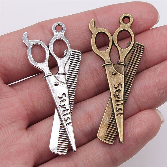 WYSIWYG 3pcs 24x53mm Antique Silver Color Antique Bronze Pendant Scissor Comb Pendants Stylist Comb Scissor Charm Scissor Comb