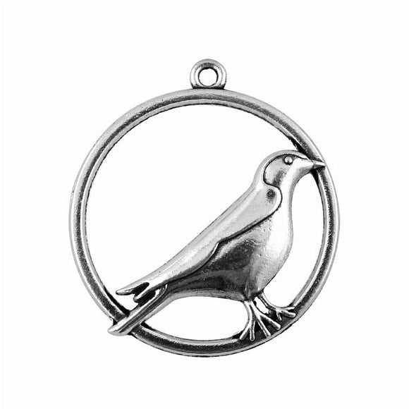 WYSIWYG 3pcs 33mm Antique Silver Color Round Bird Charm Bird Round Pendants For Jewelry Making Round Bird Pendants