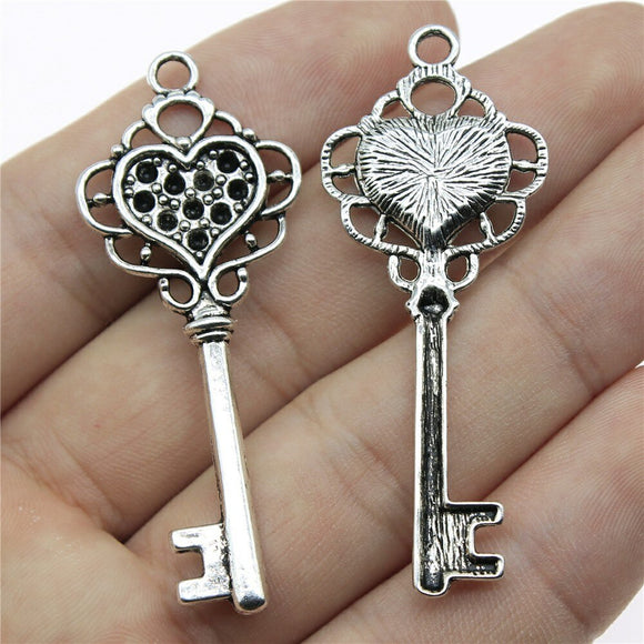 WYSIWYG 3pcs Charms Vintage Key Heart Key Retro Key Antique Silver Color Antique Bronze Color 55x21mm Metal Jewelry Accessories