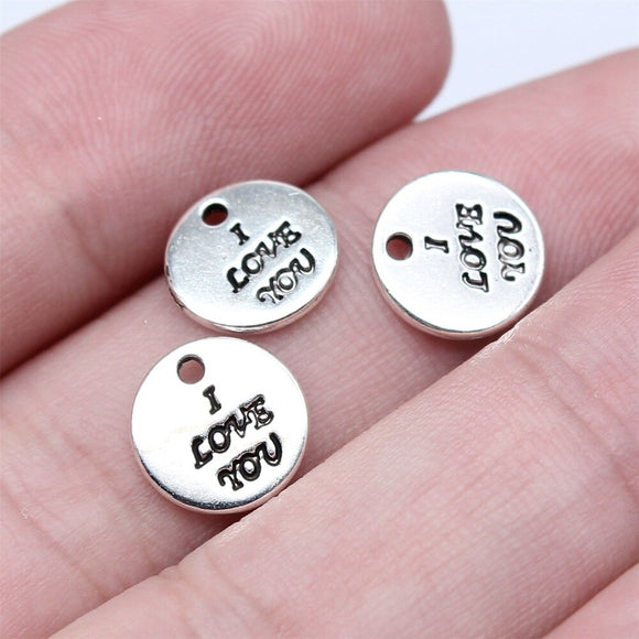 WYSIWYG 40pcs 10x10mm Antique Silver Color Double-Sided I Love You Round Tag Charms Pendant For DIY Jewelry Making