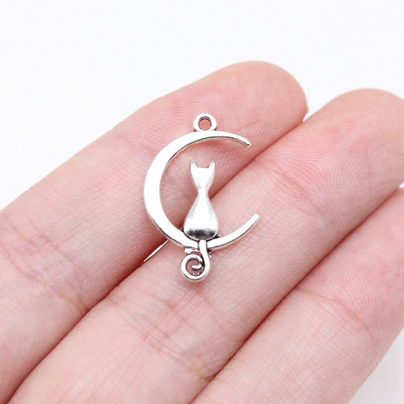 WYSIWYG 40pcs 21x13mm Antique Silver Color Moon Cat Charms For Jewelry Making