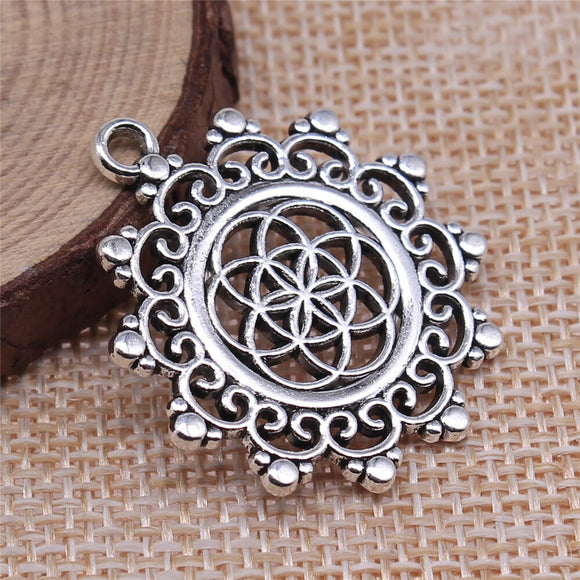 WYSIWYG 4pcs 29x29mm Antique Silver Color Round Flower Of Life Charms Pendant For Jewelry Making DIY Jewelry Findings