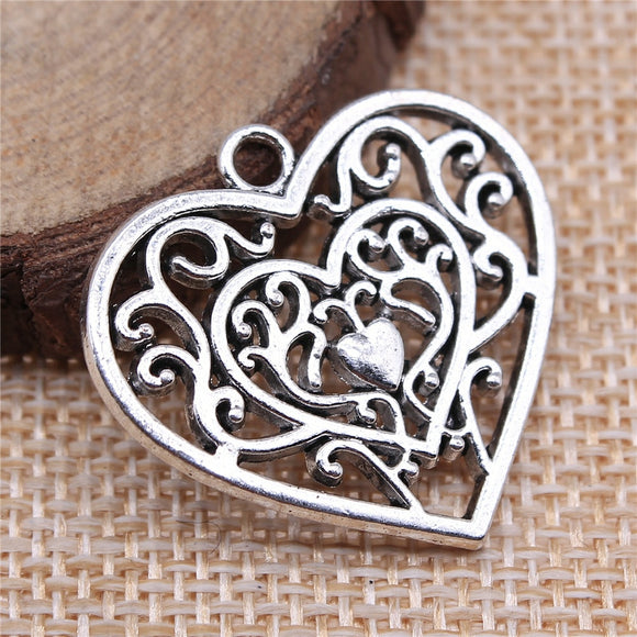 WYSIWYG 4pcs 30x27mm Hollow Carving Heart Charms Antique Silver Color Pendant Charms Jewelry Findings For Jewelry Making