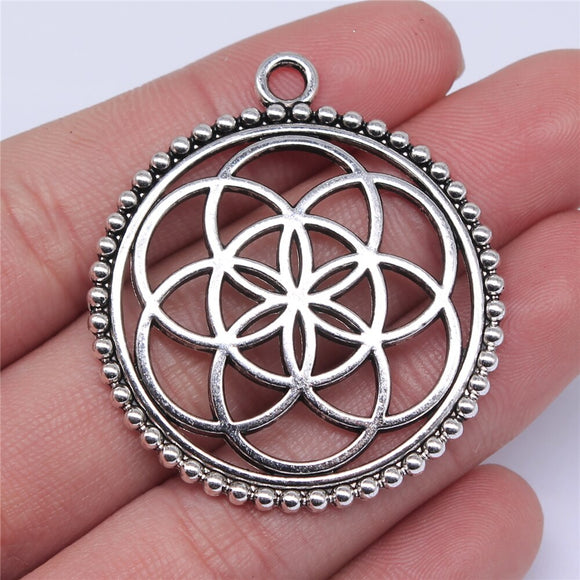WYSIWYG 4pcs 45x40mm The Flower Of Life The Seed Of Life Charms For Jewelry Making Antique Silver Color Charms