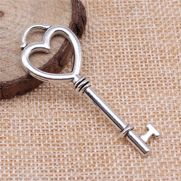 WYSIWYG 4pcs 53x20mm Antique Silver Color Heart Key Charms For Jewelry Making